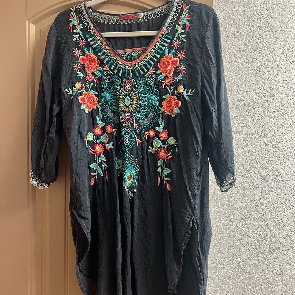 Johnny Was Black Tunic with Colorful Embroidery